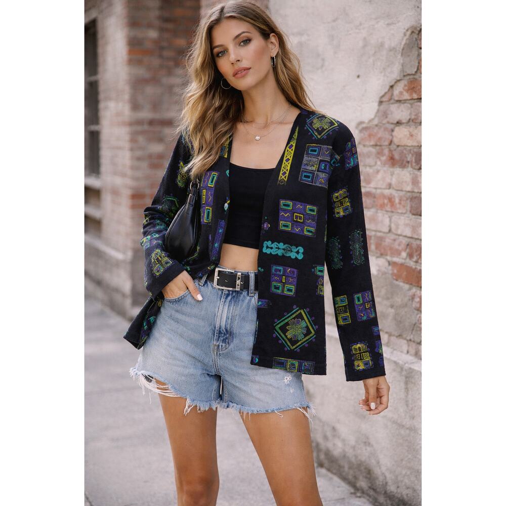 Vintage Abstract Geometric Cardigan Black Colorful 90s Artsy Chico’s Size 2 L